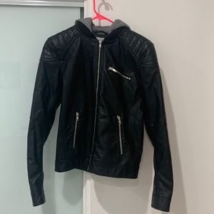 H&M Faux Black Leather Jacket With Removable Hood Size 14y+